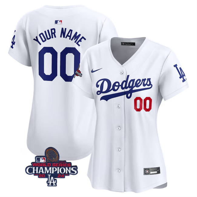 Women's Los Angeles Dodgers Customized White 2024 World Series Champions Home Limited Stitched Baseball Jersey(Run Small)